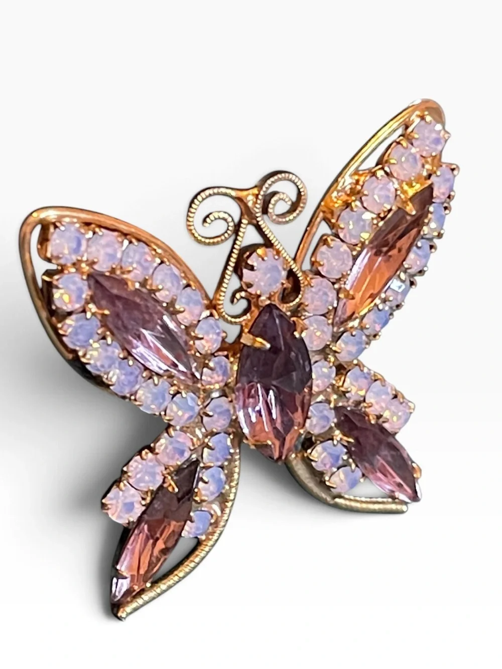 High-End Vintage Purple & Opaline Rhinestone Gold-Tone Butterfly Brooch